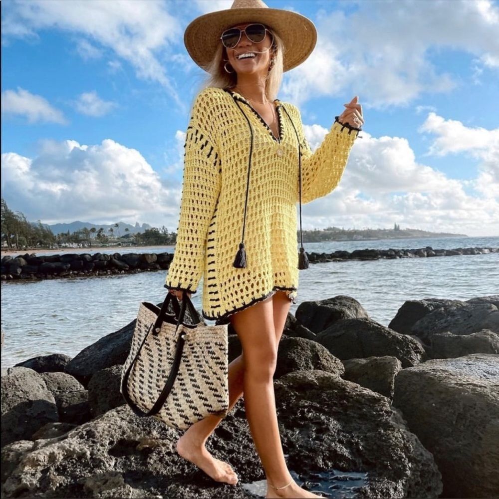 Zara yellow crochet knit sweater blogger favorite